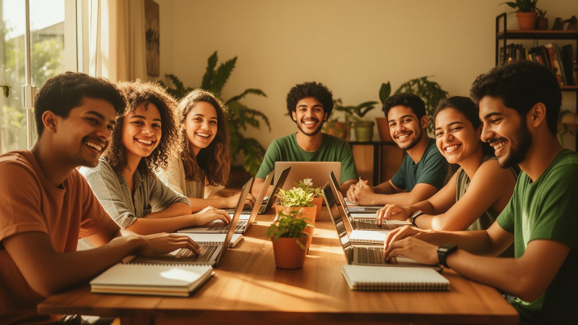 Pessoas empreendedoras conversando ao redor de uma mesa, em ambiente acolhedor